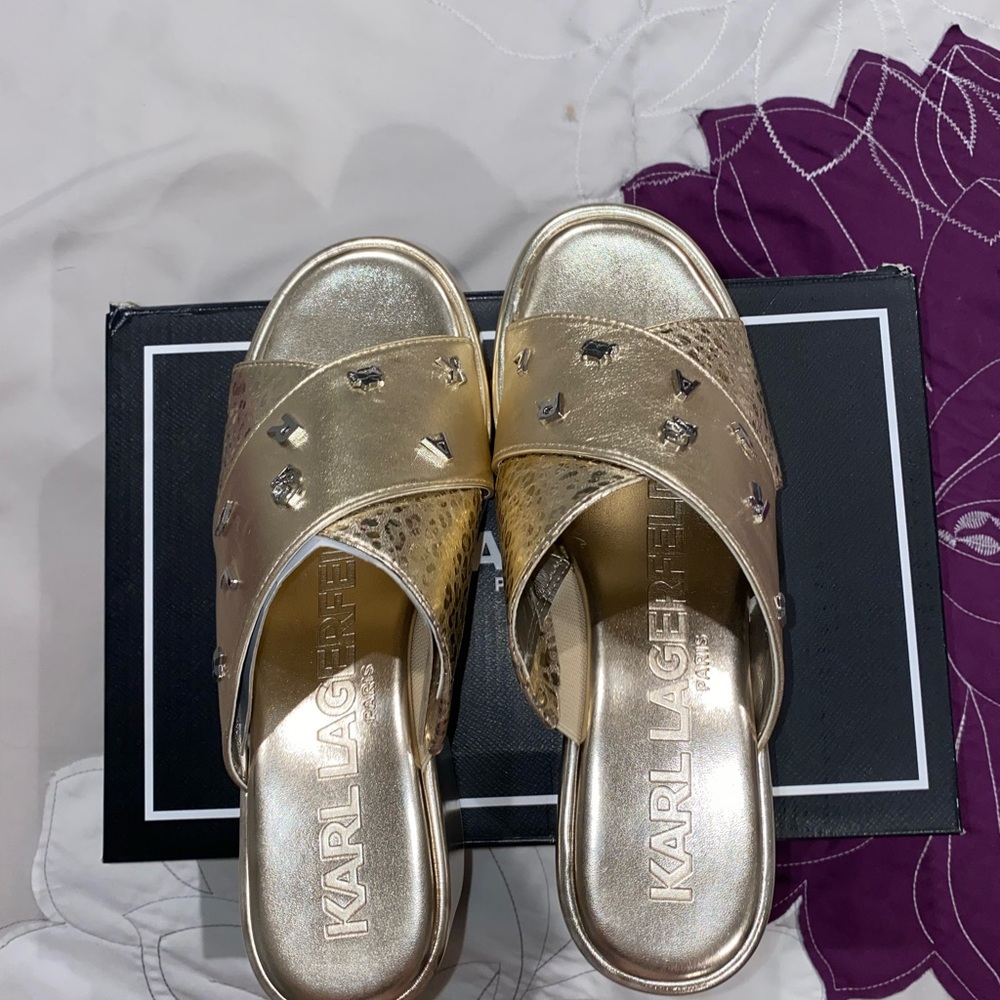 Karl Lagerfeld Gold Sandals with Perforated Design